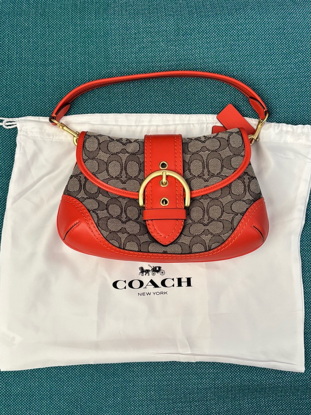 Coach Mini Shoulder Bag in Signature Canvas with Orange Leather Trim